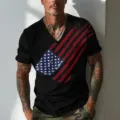 Detail view of mens black v-neck short sleeve t-shirt with cool flag brushstroke graphic. - S / Black