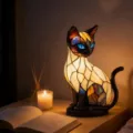 Lámpara de gato de vidrieras resina animal mesa acogedora dormitorio mesita noche USB - Enchufe USB / Lámpara de gato mágico C