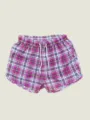 Detailed view of men pink plaid quick dry beach shorts, woven polyester fabric, drawstring. - S / Style 3