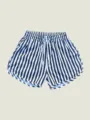 Detail view of men's vertical striped quick-dry beach shorts featuring an elastic drawstring - S / Style 2