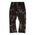 Detail view of men's dark camouflage cargo pants with drawstring waist and straight leg fit. - S / Red Camouflage