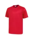 Closeup detail of red breathable quick-drying sports fitness t-shirt collar and mesh fabric texture. - Red