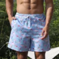 Men's quick-dry swim trunks with allover flamingo print, casual beach shorts with drawstring. - M / Flamingo