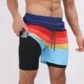 Pantaloncini da bagno 2 in 1 da uomo sportivi asciugatura rapida con tasca per telefono. - Taglia S / N. 25 Strisce larghe rosse
