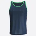 Close-up detail of the breathable mesh fabric and green contrast trim on the blue tank top. - S / Navy Blue