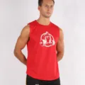 Men's red sleeveless sports compression tank top for gym fitness, breathable quick-dry running vest. - M / Red