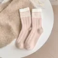 Gemütliche dicke Plüsch-Damen-Socken, rosa-weiß gestreifte, weiche, warme Freizeitsocken. - Einheitsgröße / 1 Paar / Khaki
