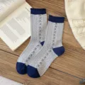 Chaussettes florales style japonais pour femme bleu marine rétro mi-mollet volants doux - Taille unique / 1 Paire / Fleuri Inversé