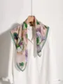 Retro floral silk scarf with green lace border, elegant silk accessory for women spring. - Smoky Pink Peony