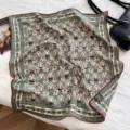 Vintage thistle print silk wool square scarf for women, elegant luxury neck wrap, autumn winter warm. - Thistle Story Green Silk Wool