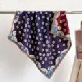 Women silk wool square scarf 65cm autumn winter elegant retro floral neck kerchief warm. - Navy Floral