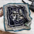Silk wool square scarf for women 65cm, luxury equestrian saddle printed neckerchief accessory. - Blue-Green Celebration