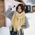 Korean style fluffy winter warm yellow scarf for women, soft cozy knit neck warmer accessory. - Light Yellow
