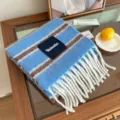 Cozy blue striped wool blend winter scarf with stylish fringes for women daily wear. - Dark Blue
