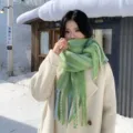 Korean fashion winter warm green striped plush scarf for women, soft minimalist neck protection. - Green