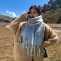 Korean style winter warm striped plush scarf for women, soft knit neck warmer variant. - Blue