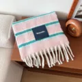 Korean style pink green striped wool blend scarf, cozy autumn winter fringe neck warmer. - Light Pink