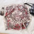 Luxurious square silk scarf featuring intricate marine coral and elegant French ribbon motifs. - Mermaid Hometown Pink Blue