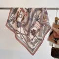 Classic silk wool blend square scarf with elegant vintage strap print, soft warm 65cm shawl. - Clover Whip Beige