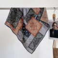 Retro paisley print square scarf, luxurious silk wool blend winter neck wrap for women. - Paisley Patch Orange Blue