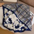 Silk wool square scarf for women, classic double-sided print with plaid and floral design. - Navy Blue Plaid