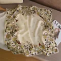 Classic silk wool square scarf featuring vintage botanical bird and floral print for women. - Spring Birds Beige