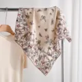 Silk wool square scarf women elegant floral butterfly print neck scarf fashion accessory - Pink Gray Iris
