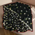 Classic floral print silk wool square scarf with stylish red rolled edges for women. - Black Background White Cherry