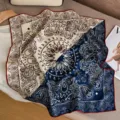 Silk wool paisley square scarf, elegant double-sided design, chic women's neckerchief accessory. - Blue White Colorblock Paisley
