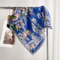 Blue silk wool square scarf 65cm floral print elegant women winter warm neck wrap - Blue Floral Realm