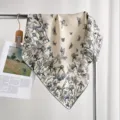 Silk wool square scarf with elegant floral and butterfly print for women, vintage neck scarf. - Blue Gray Iris
