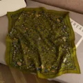 Green paisley silk wool square scarf vintage elegant women neckerchief fashion accessory 65cm - Green Background Entangled Flower