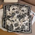 Silk wool square scarf chic black white deer print elegant women neck scarf vintage style 65cm - Forest Elk (Double-Sided Same Color) / 65*65cm