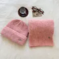 Conjunto de gorro y bufanda de punto rosa, accesorios de invierno cálidos de mezcla de lana. - Rosa
