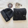 Conjunto de gorro y bufanda de punto de invierno, gorro de mezcla de lana y bufanda a juego. - Negro