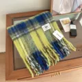 Herbst Winter warmer karierter Schal für Damen und Herren, britischer Vintage Quasten Halstuch. - Blau-Gelb Kariert