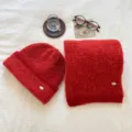 Conjunto de gorro y bufanda de punto de mezcla de lana cálida lisa para hombre y mujer - Rojo