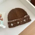 Brown knit beanie with white cross embroidery, cozy and stylish winter warm hat variant. - 20x25cm / Brown
