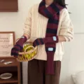 Gestreifter Strickschal und Handschuhe Set Winter warm Retro weinrot dunkelblau chic - Rot-Blau