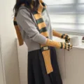 Femme écharpe en tricot rayé vintage et ensemble manches longues automne hiver chaud mode - Jaune-vert