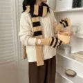 Ensemble écharpe et gants en tricot rayé marron beige confortable pour femme hiver mode - Kaki marron