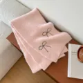 Pink knitted scarf with black bow embroidery, soft and warm winter neck warmer for women. - Pink