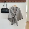 Grey knitted winter warm shawl cape with belt buckle and black contrast stitching stylish - Gray