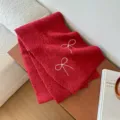 Red knit scarf with white bow embroidery, cozy winter warm shawl for women daily commute. - Red