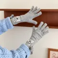 Cute Korean style knit gloves with bow and letter patch for winter warmth and touch. - 28*9cm / Light Gray
