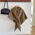 Cozy brown knitted shawl cape for women, thick warm winter wrap with white whipstitch edge. - Coffee
