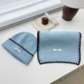 Light blue knitted hat and scarf set with black contrast trim, winter warm knitwear set - Blue