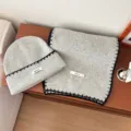 Grey knitted beanie and scarf set with black stitching, stylish winter warm knitted hat and scarf. - Light Gray