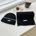 Korean style knit hat and scarf set for women, black winter warm thick beanie and shawl combo. - Black