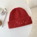 Cozy red winter knitted beanie hat with pearl rhinestone and elegant script embroidery. - Circumference 55-62cm / Red